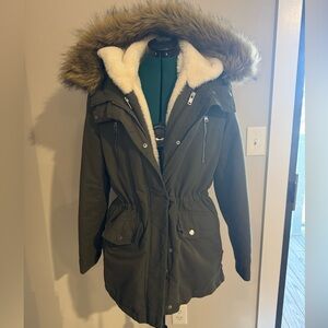 MANGO Olive Green Parka with Faux Fur Hood